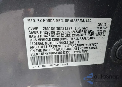 2019 Honda Pilot Ex-L z USA, uszkodzony, nr VIN 5FNYF6H51KB082135